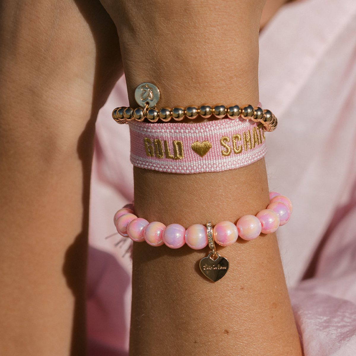 Perlenarmband Set 14K Vergoldet Rosa mit 3D Intensiv Glow Effekt