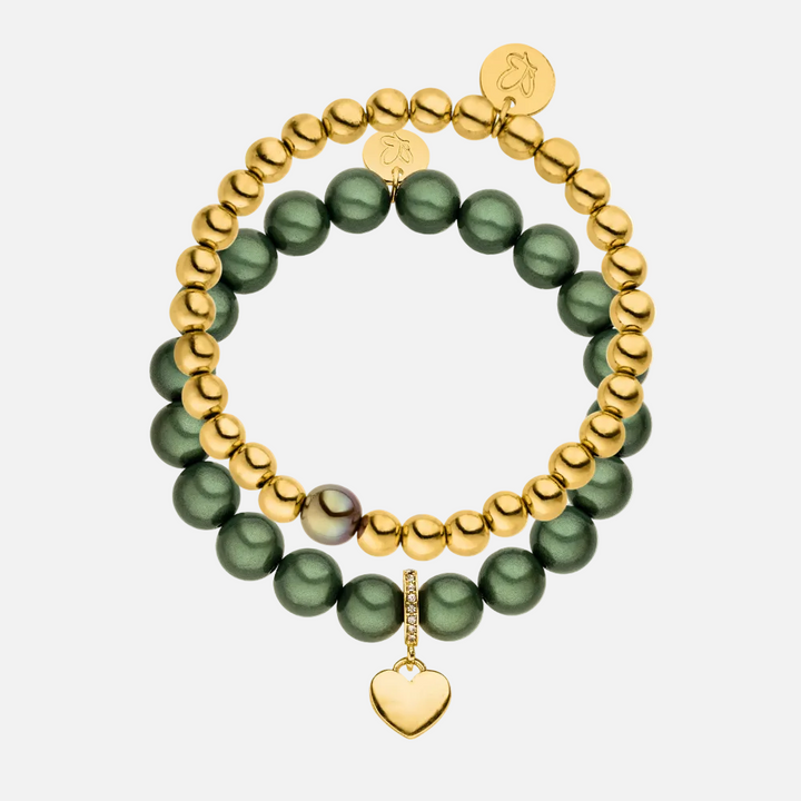 Perlenarmband Set 14K Vergoldet Olivgrün mit 3D Matt Glow Effekt