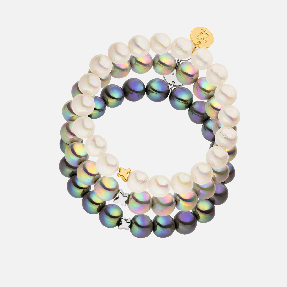 Perlenarmband-Set Weiß–Dunkelgrau–Hellgrau mit Schmetterlingen – 3D Intensiv Glow 10 mm