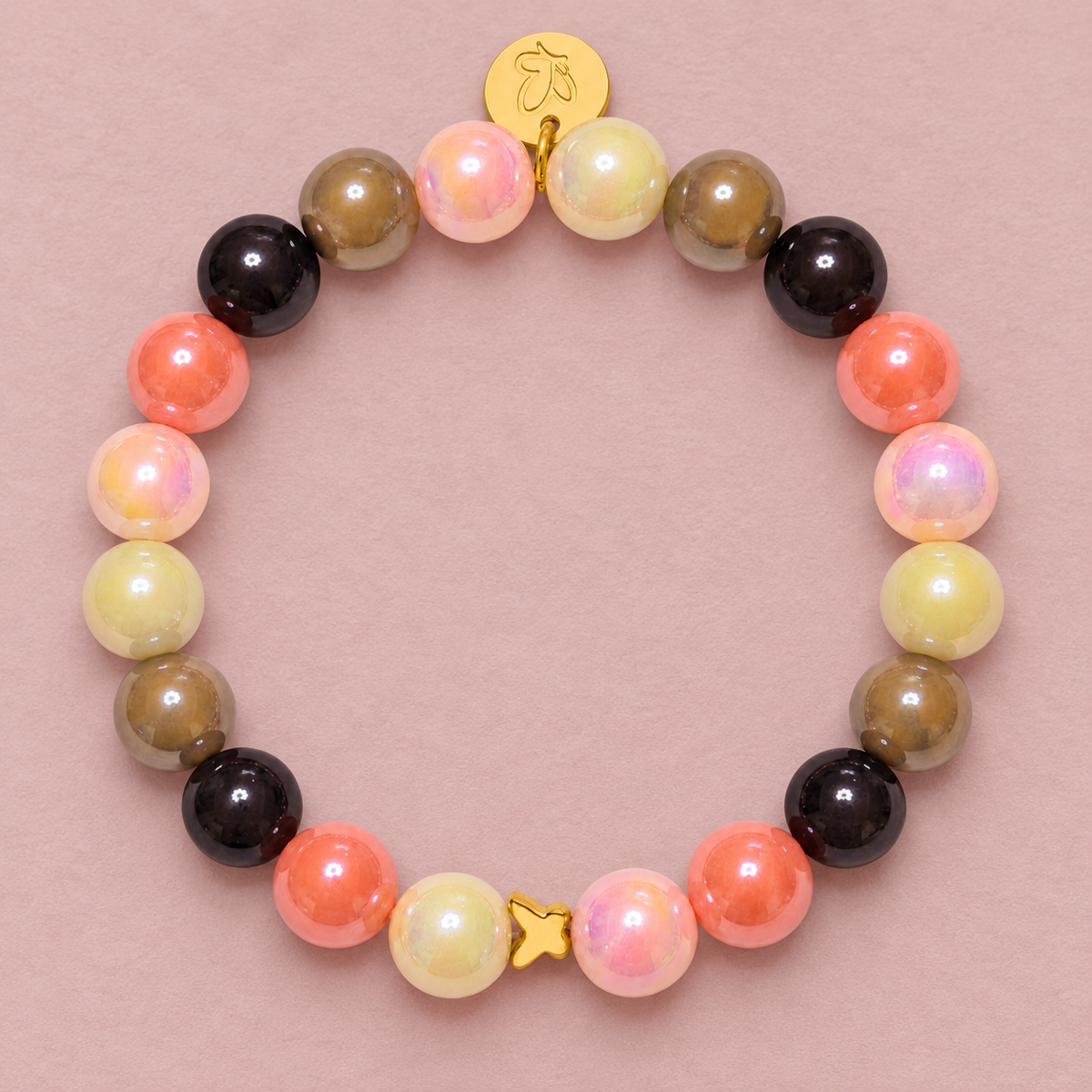 Perlenarmband Rosa, Braun & Champagner mit Schmetterling – 3D Intensiv Glow 10mm