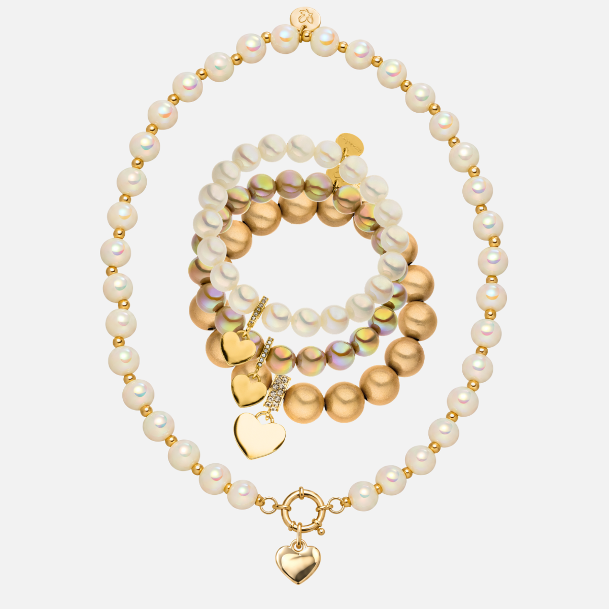 Deluxe-Schmuckset Champagner mit Herzen – Trachtenliebe – 3 Armbänder & Halskette