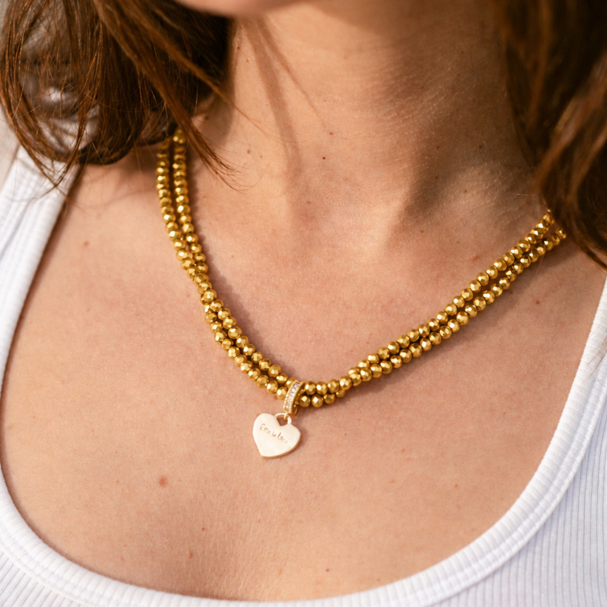 Elastische Perlenkette Gold mit Herzanhänger – 110 cm | Limited Edition