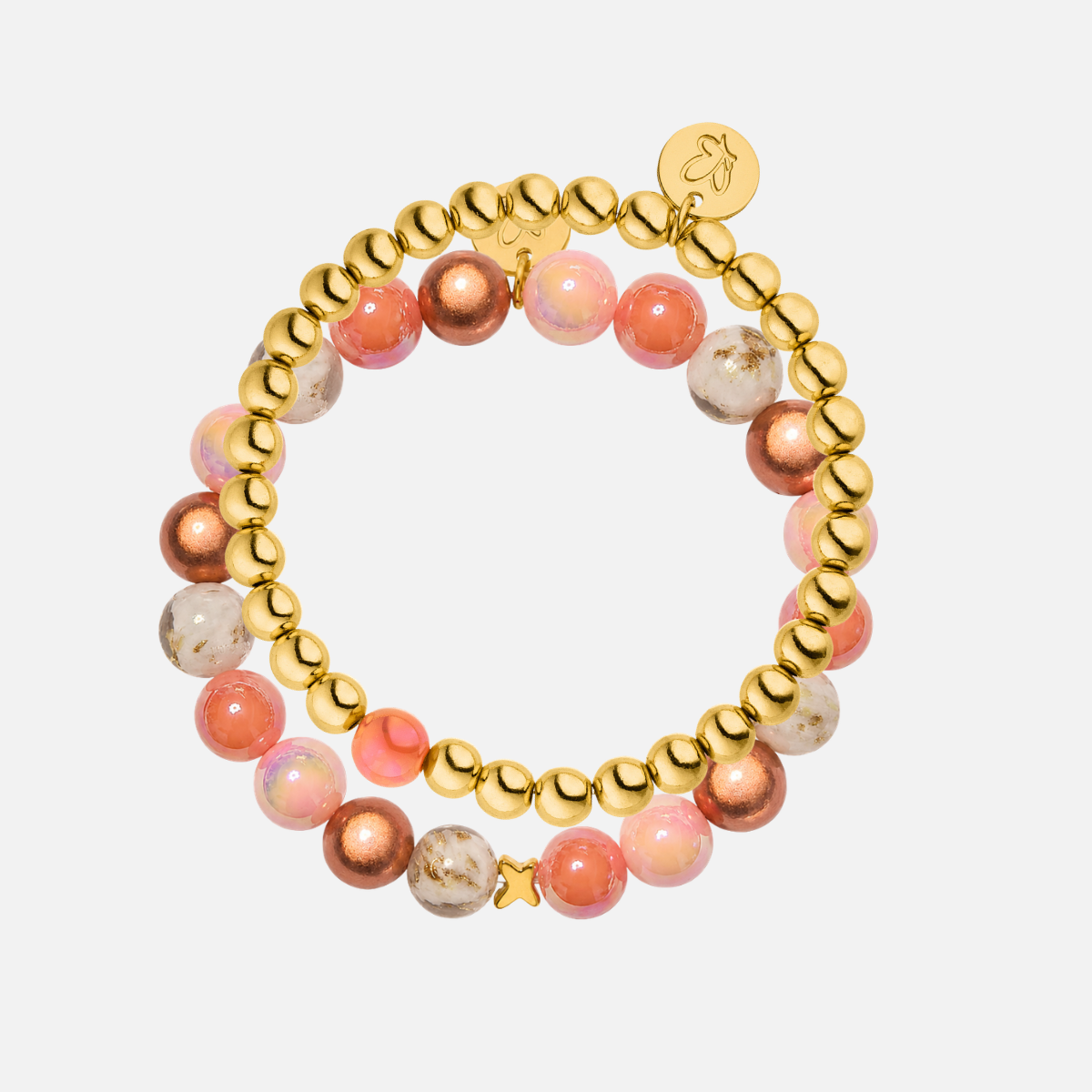 Perlenarmband-Set Rosa–Koralle–Gold – Perlenmix mit Porzellan 10 mm & 14K vergoldet 6 mm