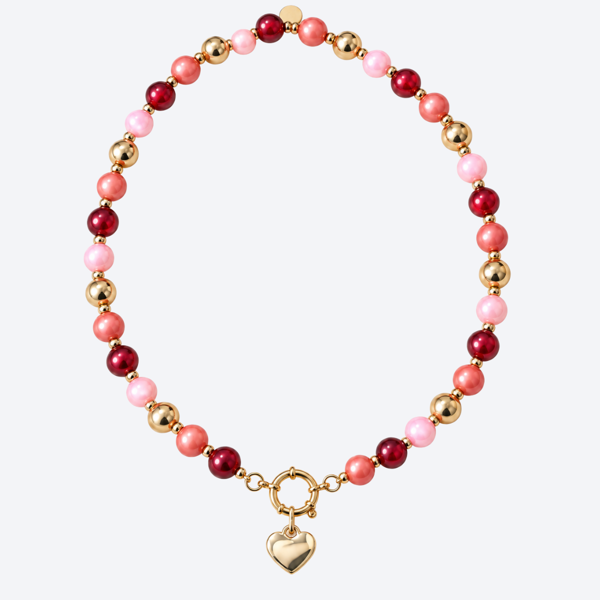 Perlenhalskette Rosa–Weinrot–Gold mit Herz-Charm – Perlenmix 10 mm