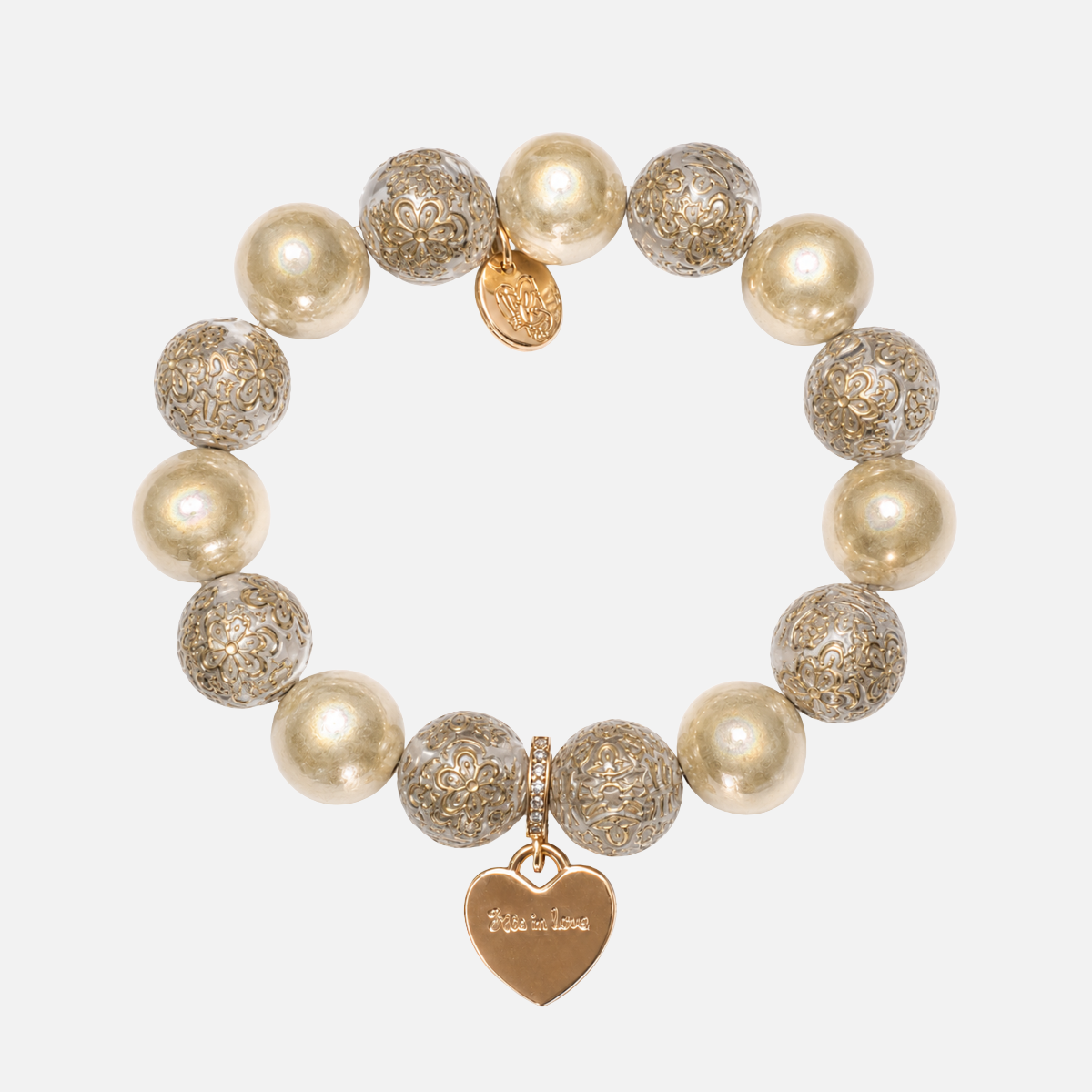 Perlenarmband Statement Champagner mit Ornamentperlen & Herzanhänger – Perlenmix 14mm