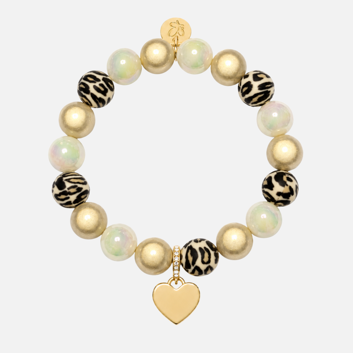 Perlenarmband Leo & Champagner mit Herzanhänger – Perlenmix 12mm