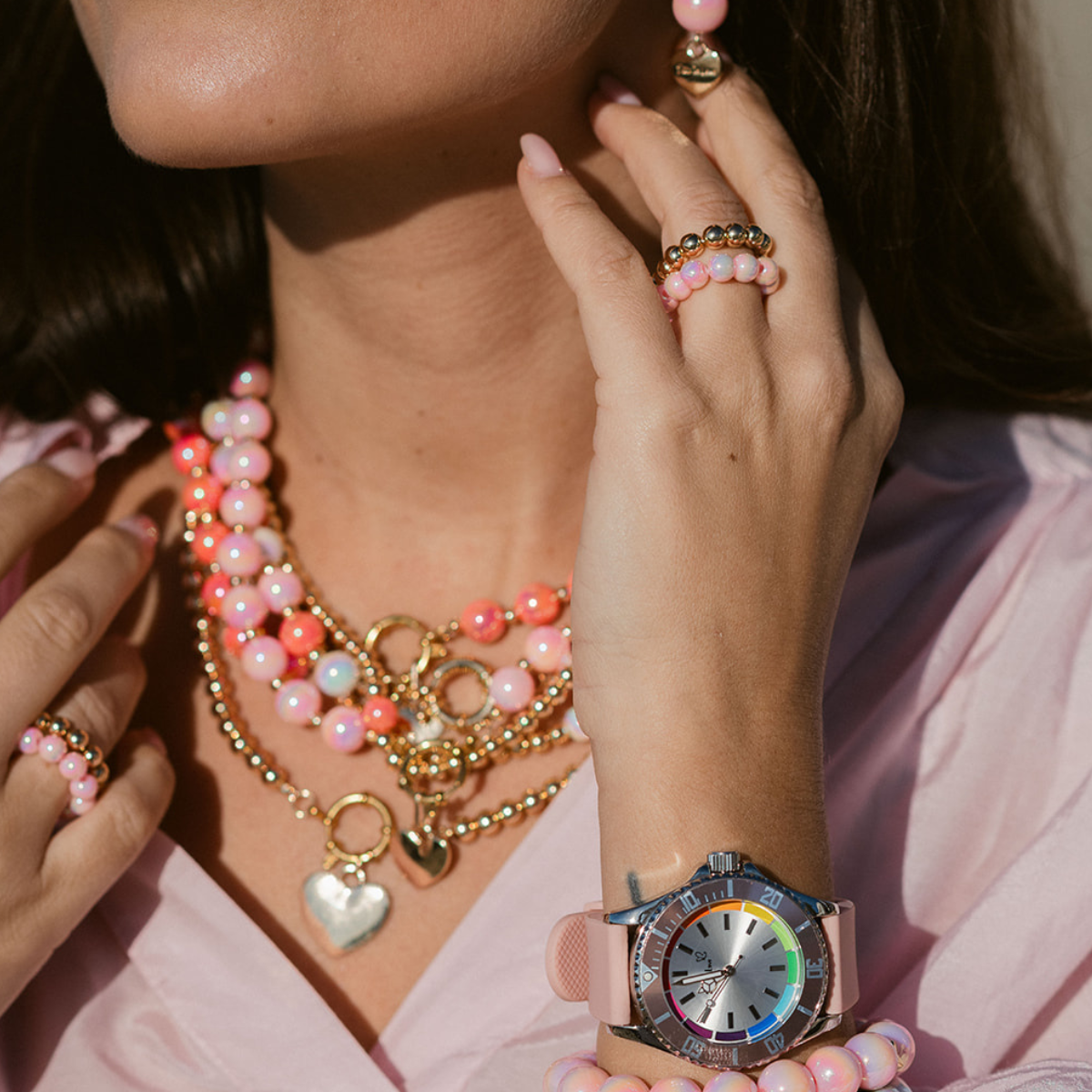 Perlenarmband Set mit Herzanhänger Rosa Duo mit 3D Intensiv Glow Effekt