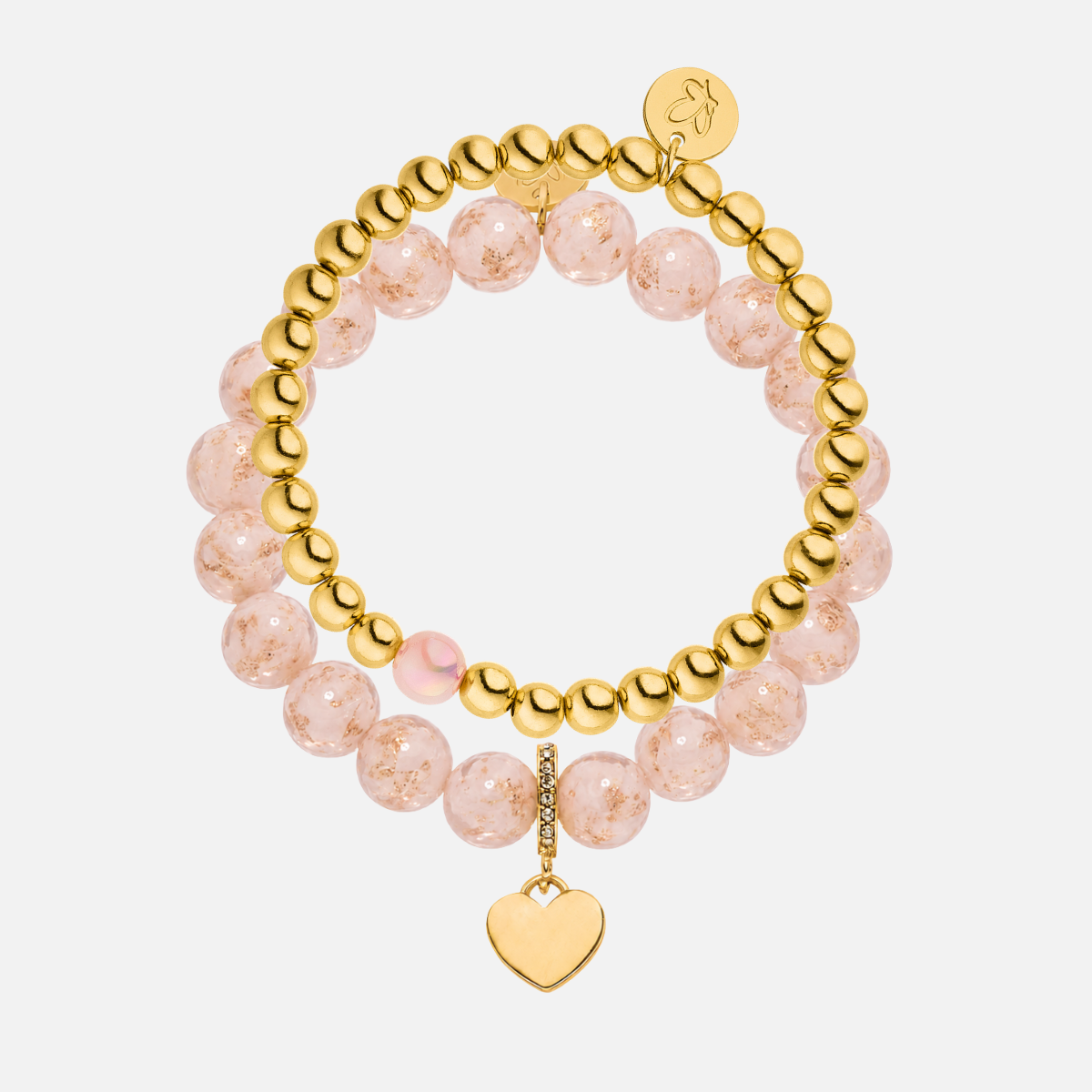 Perlenarmband-Set Rosa–Gold mit Herzanhänger – Porzellanperlen 10 mm & 14K vergoldet 6 mm
