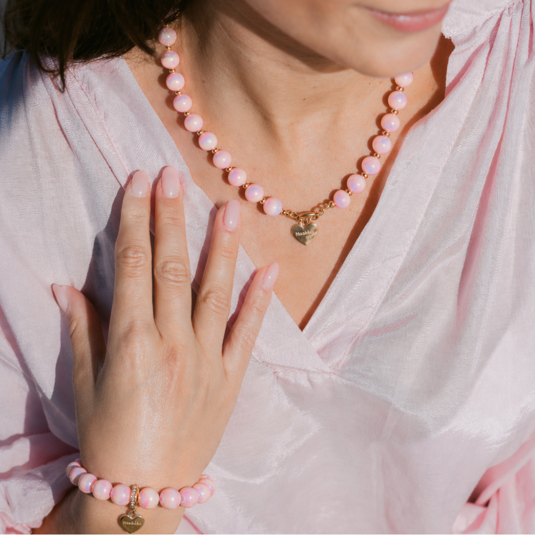 Rosa Muttertags Schmuckset mit Halskette & Perlenarmband – Intensiv Glow Classic