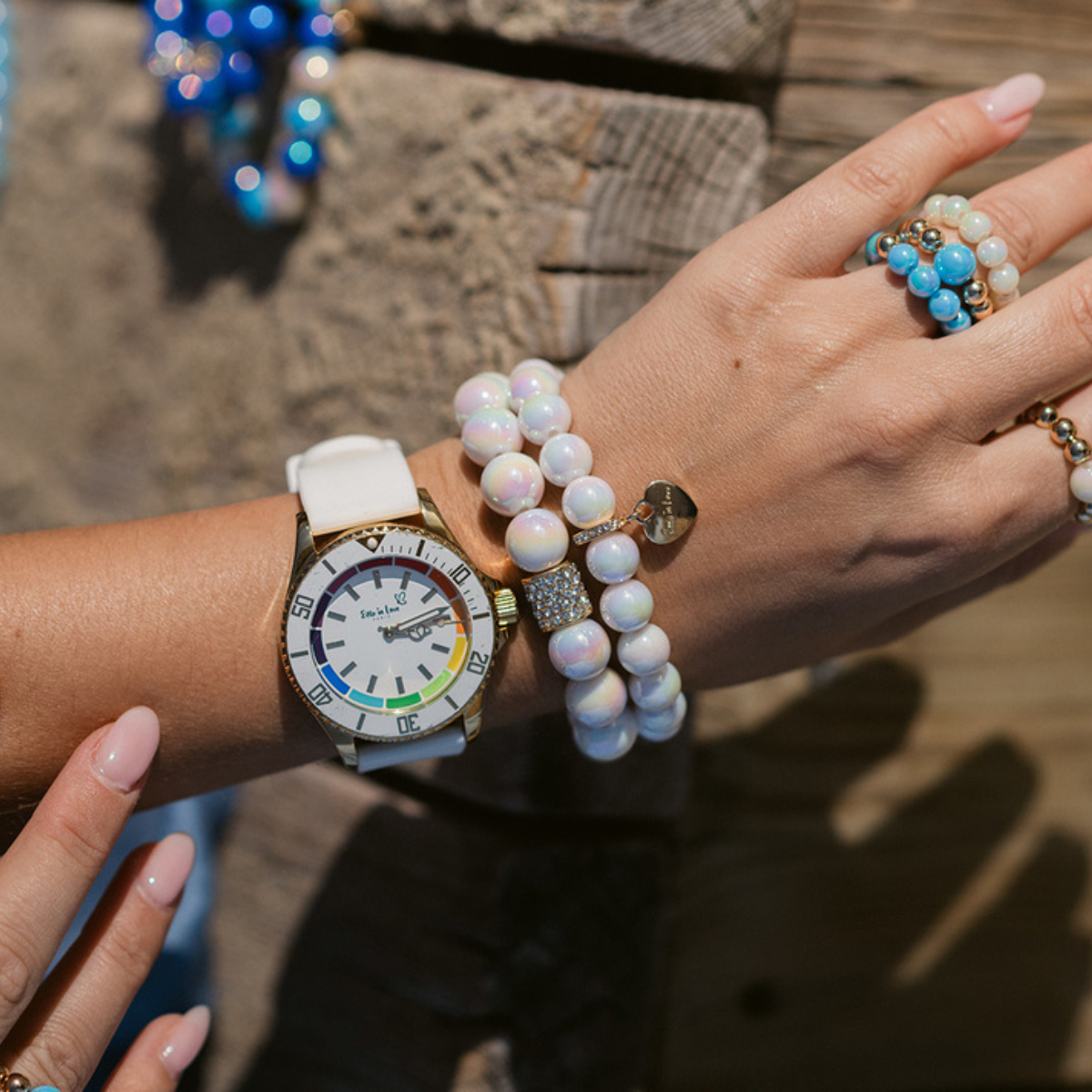 Perlenarmband Set 14K Vergoldet Weiß mit 3D Intensiv Glow Effekt