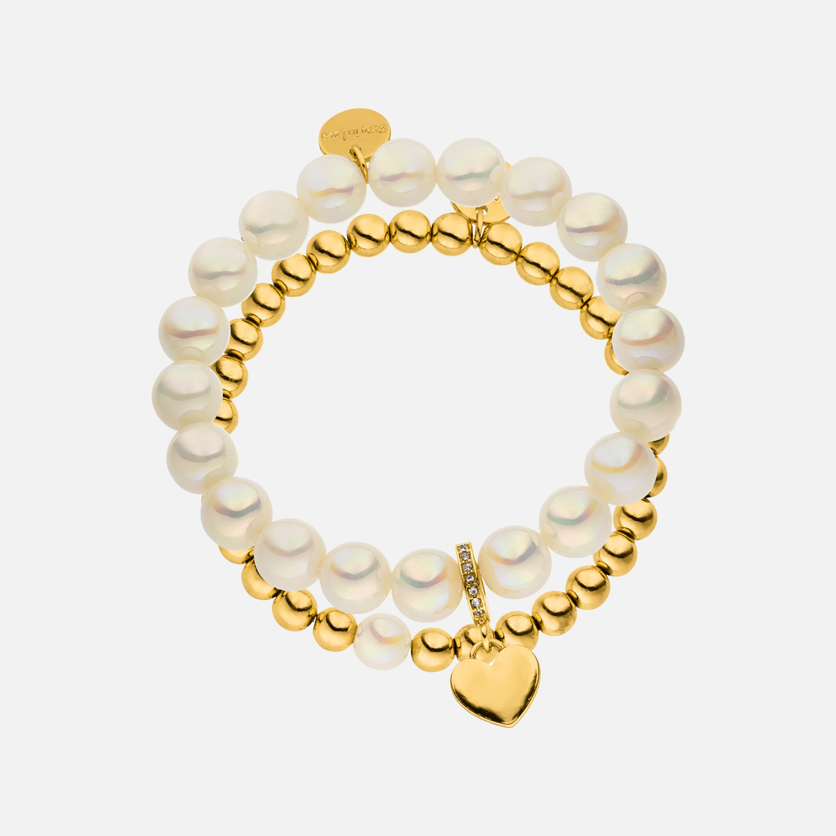 Perlenarmband Set mit Herzanhänger Champagner - 3D Intensiv Glow Effekt & 14K Vergoldet