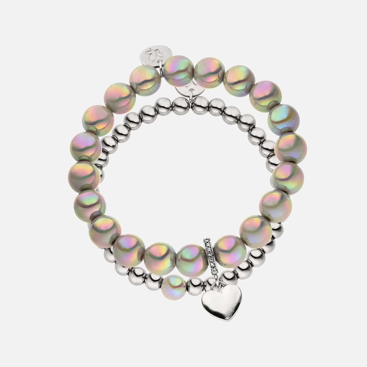 Perlenarmband Set mit Herzanhänger Hellgrau - 3D Intensiv Glow Effekt & Versilbert