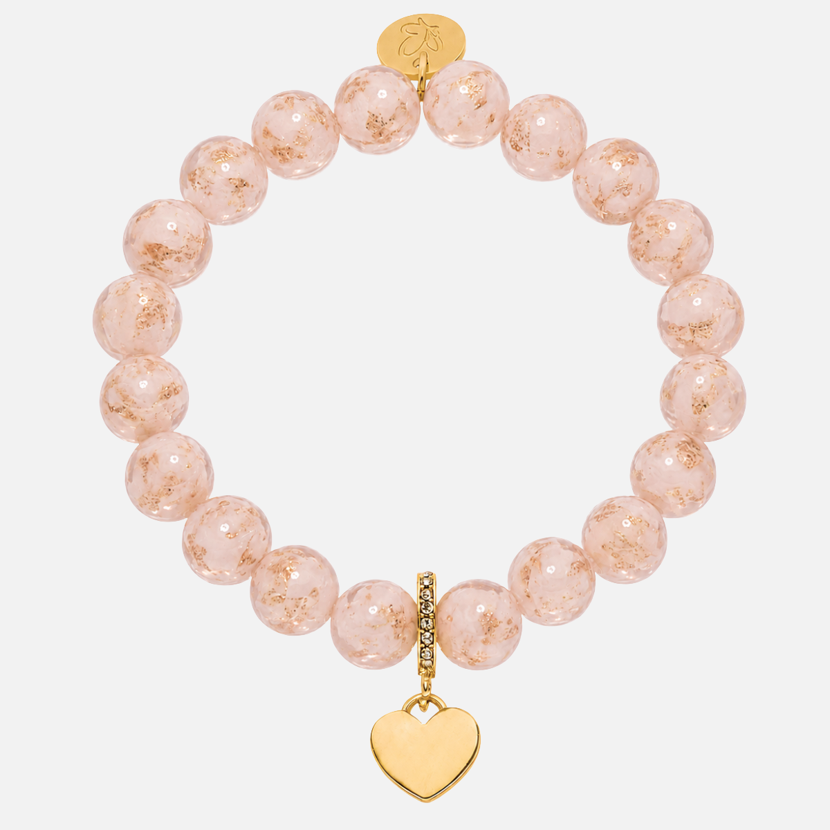 Porzellanperlenarmband Rosa mit Goldflocken & Herzanhänger 10mm