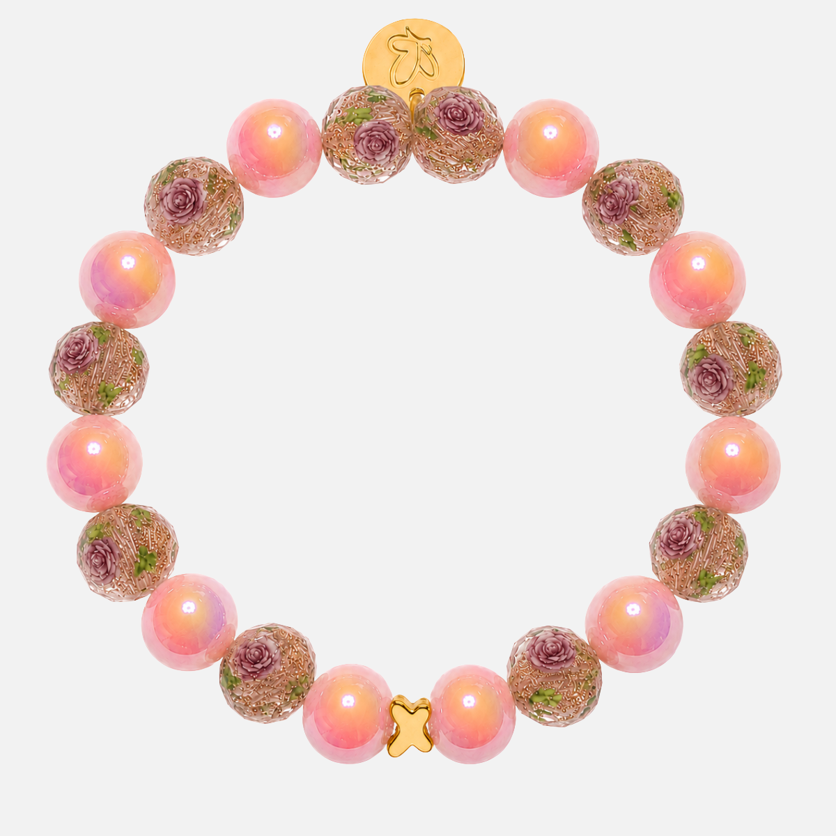 Perlenarmband Rosa mit handbemalten Rosenperlen & Schmetterling 10mm
