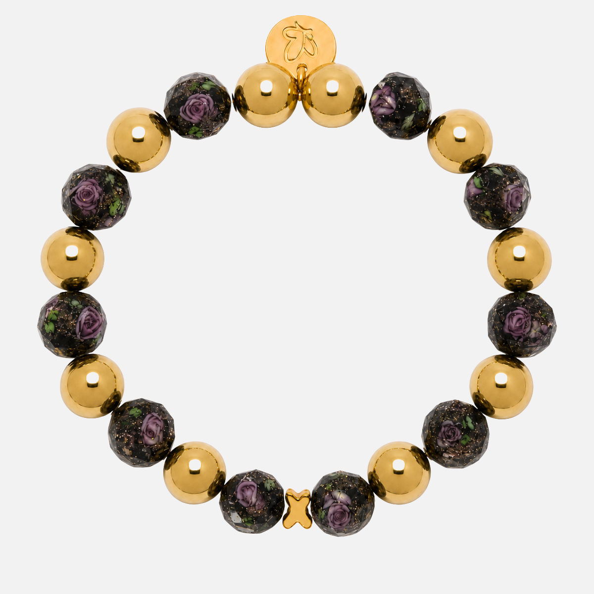 Perlenarmband Schwarz & Gold mit handbemalten Rosenperlen & Schmetterling 10mm
