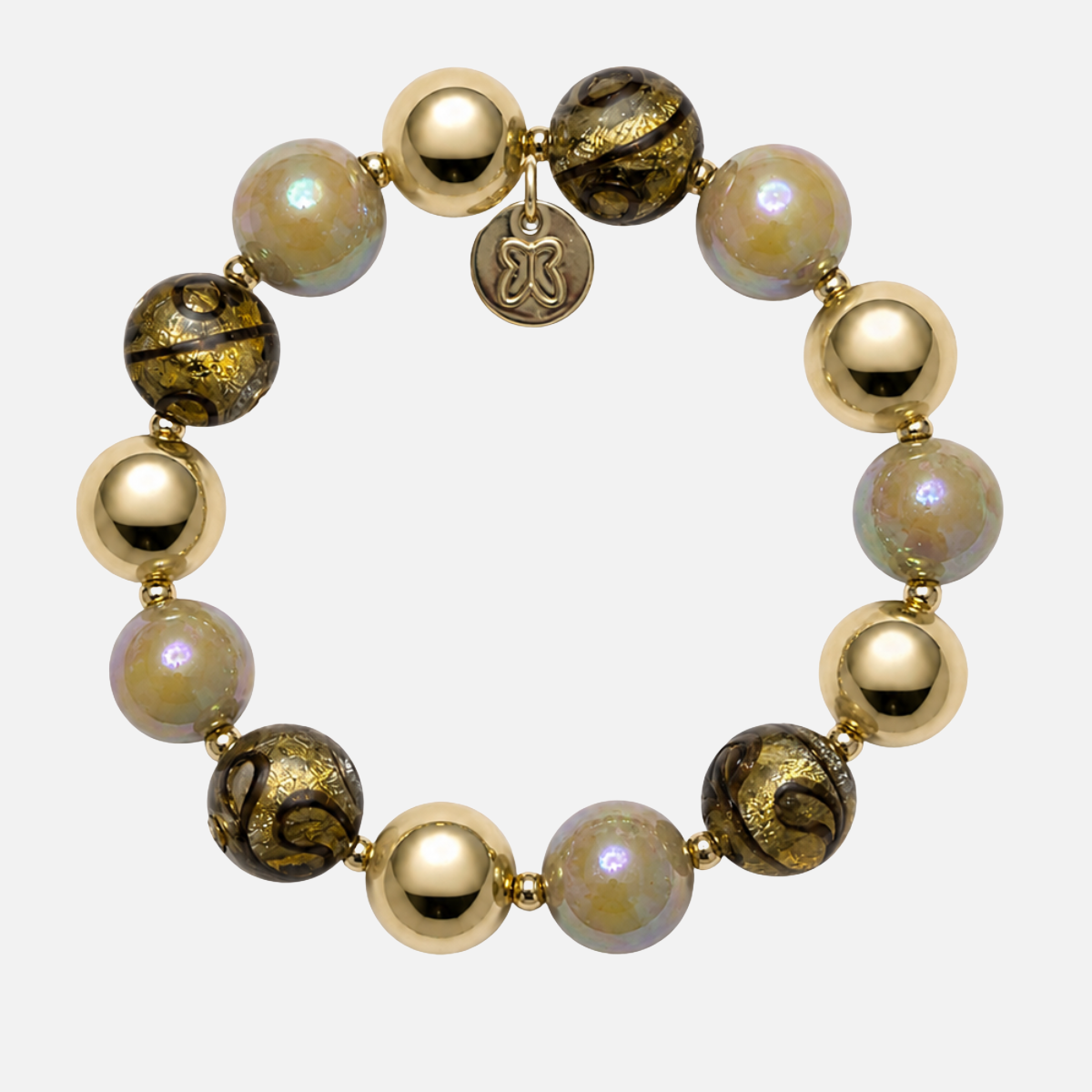 Perlenarmband Deluxe Gold & Hellbraun mit Marmor-Glasperlen – Perlenmix 12mm