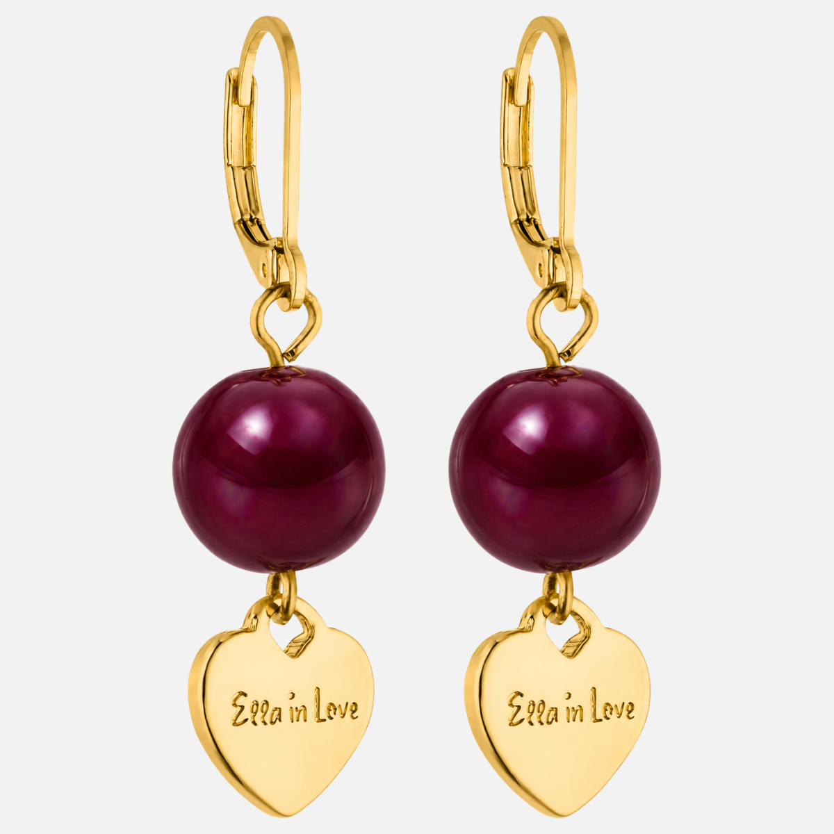 Perlenohrringe Weinrot–Gold mit Herzanhänger