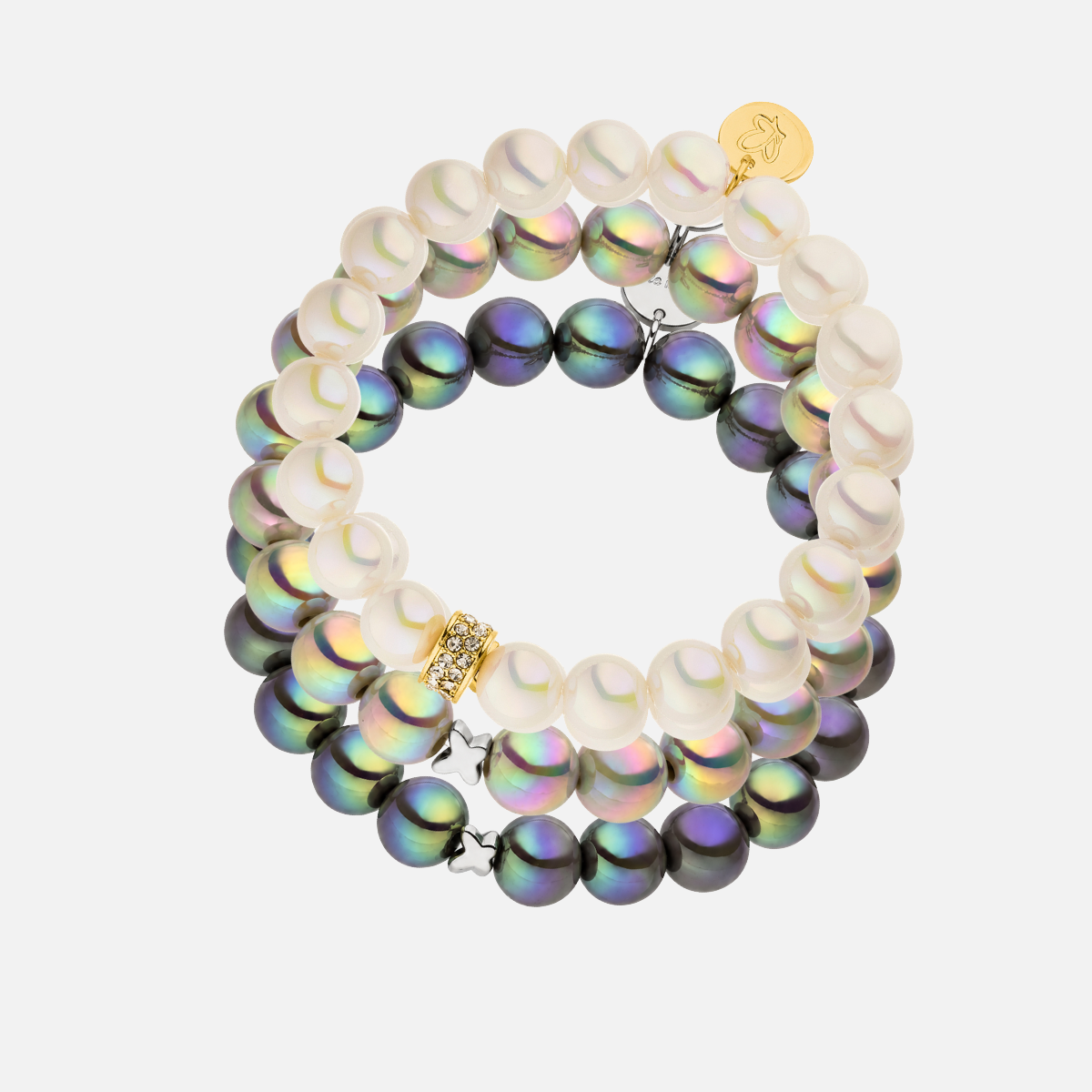 Perlenarmband-Set Weiß–Dunkelgrau–Hellgrau mit Schmetterlingen – 3D Intensiv Glow 10 mm