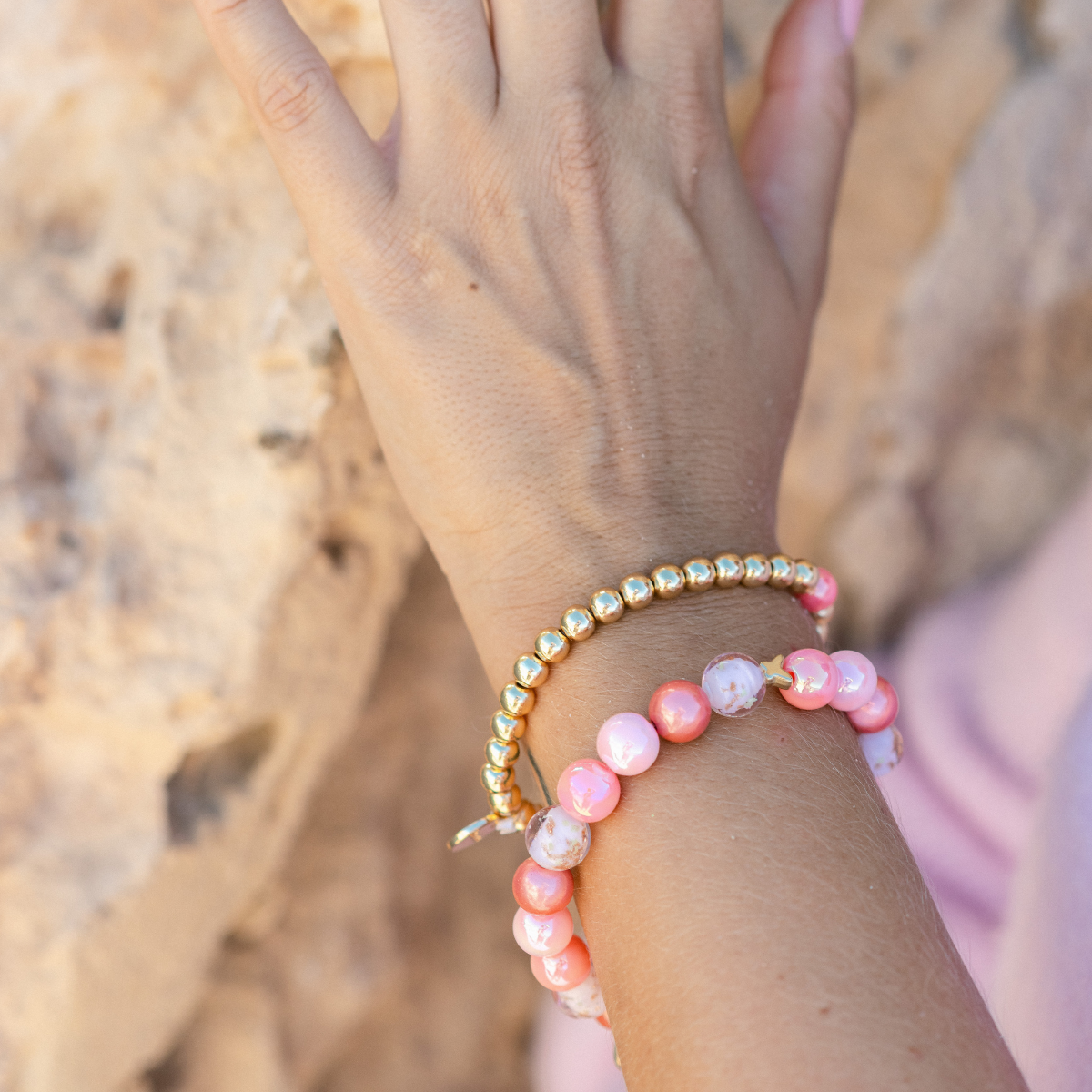Perlenarmband-Set Rosa–Koralle–Gold – Perlenmix mit Porzellan 10 mm & 14K vergoldet 6 mm