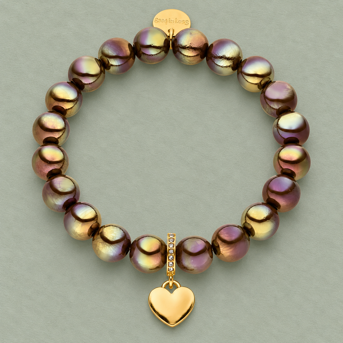 Perlenarmband mit Herzanhänger Dunkelbraun mit 3D Intensiv Glow Effekt 10mm
