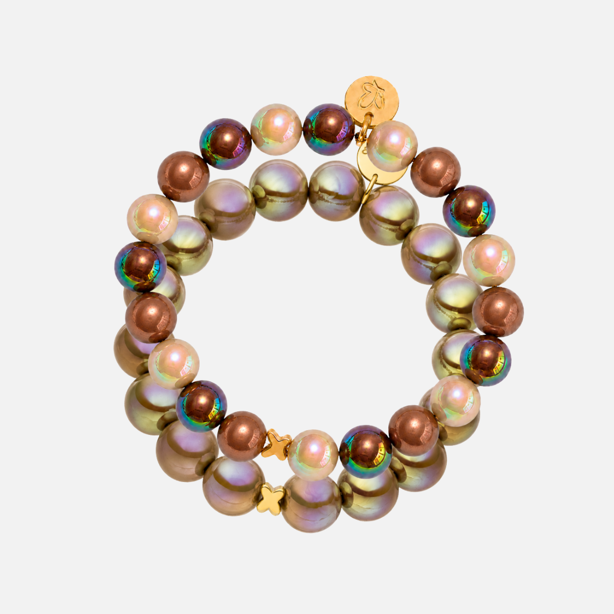 Perlenarmband-Set Braun–Hellbraun mit Schmetterling – Perlenmix 10 mm & 3D Intensiv Glow 12 mm
