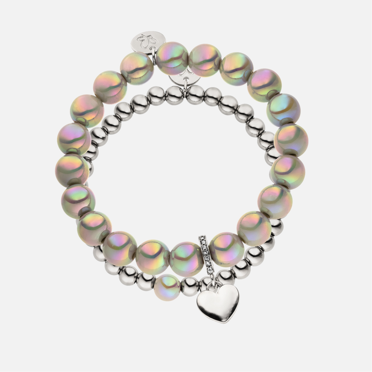 Perlenarmband Set mit Herzanhänger Hellgrau - 3D Intensiv Glow Effekt & Versilbert
