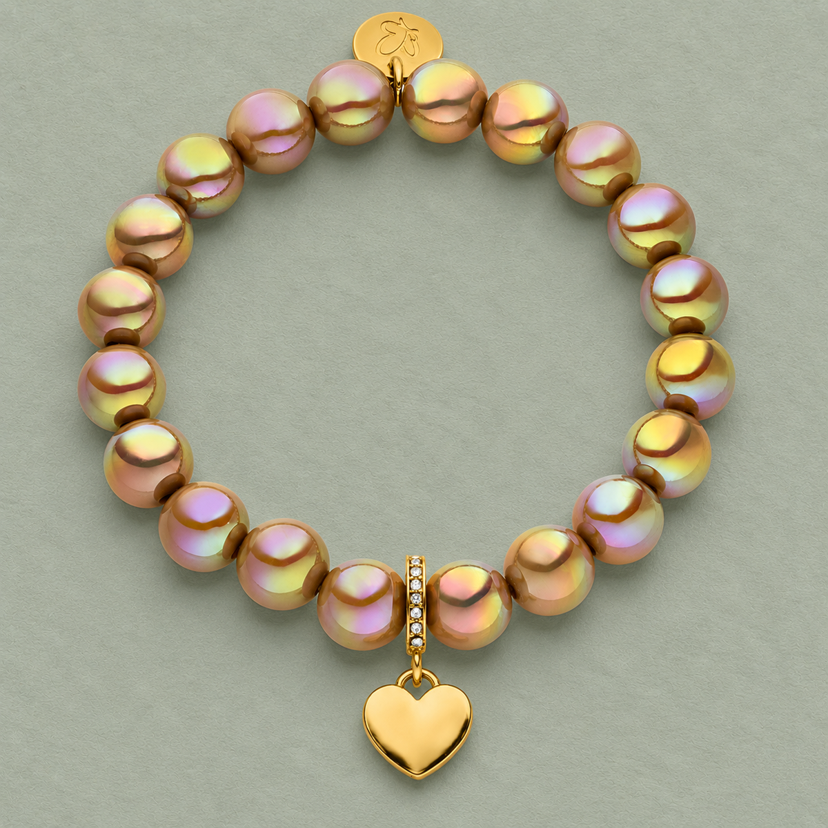 Perlenarmband mit Herzanhänger Hellbraun mit 3D Intensiv Glow Effekt 10mm