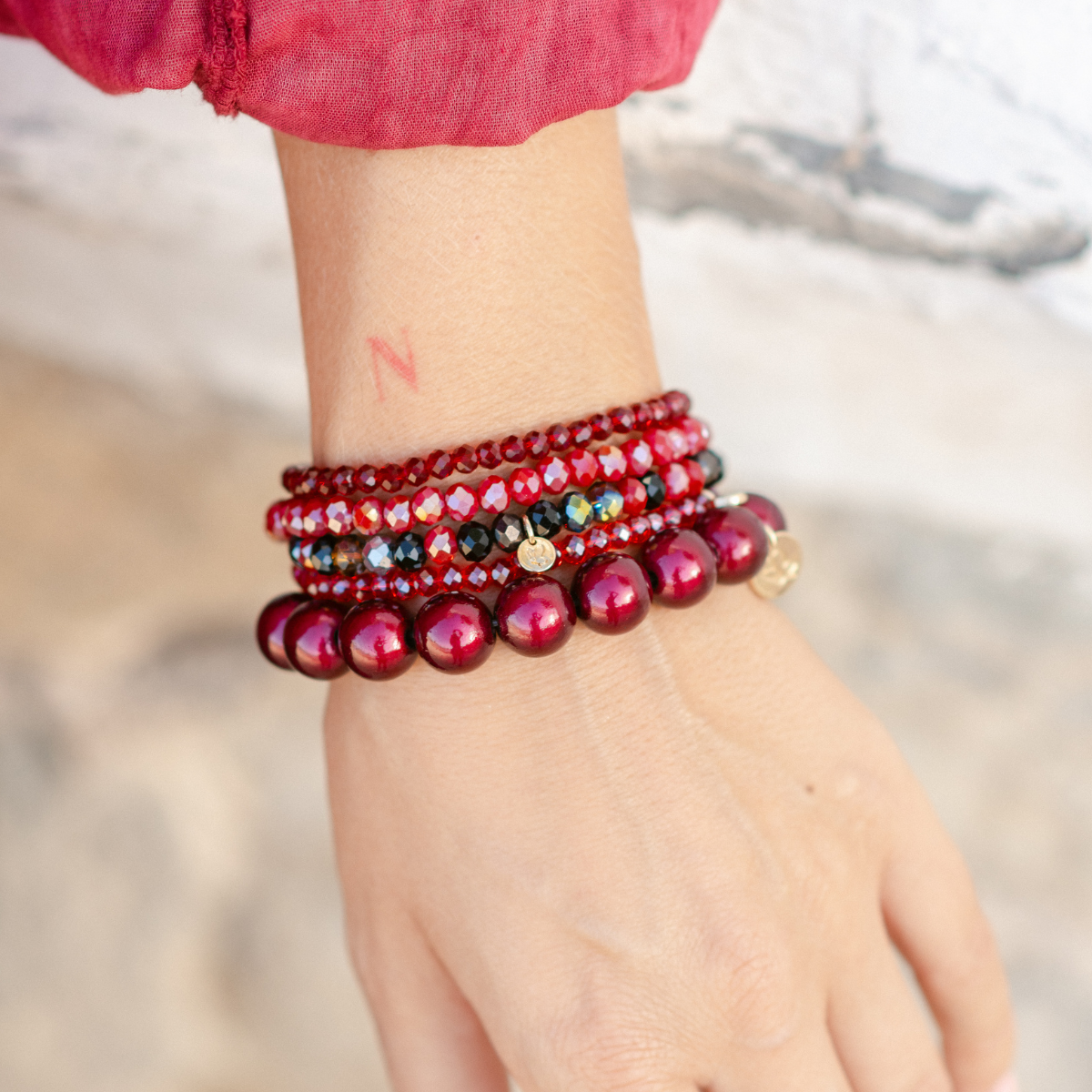 Perlenarmband-Set Weinrot – 5-teilig mit 3D Matt Glow 12 mm