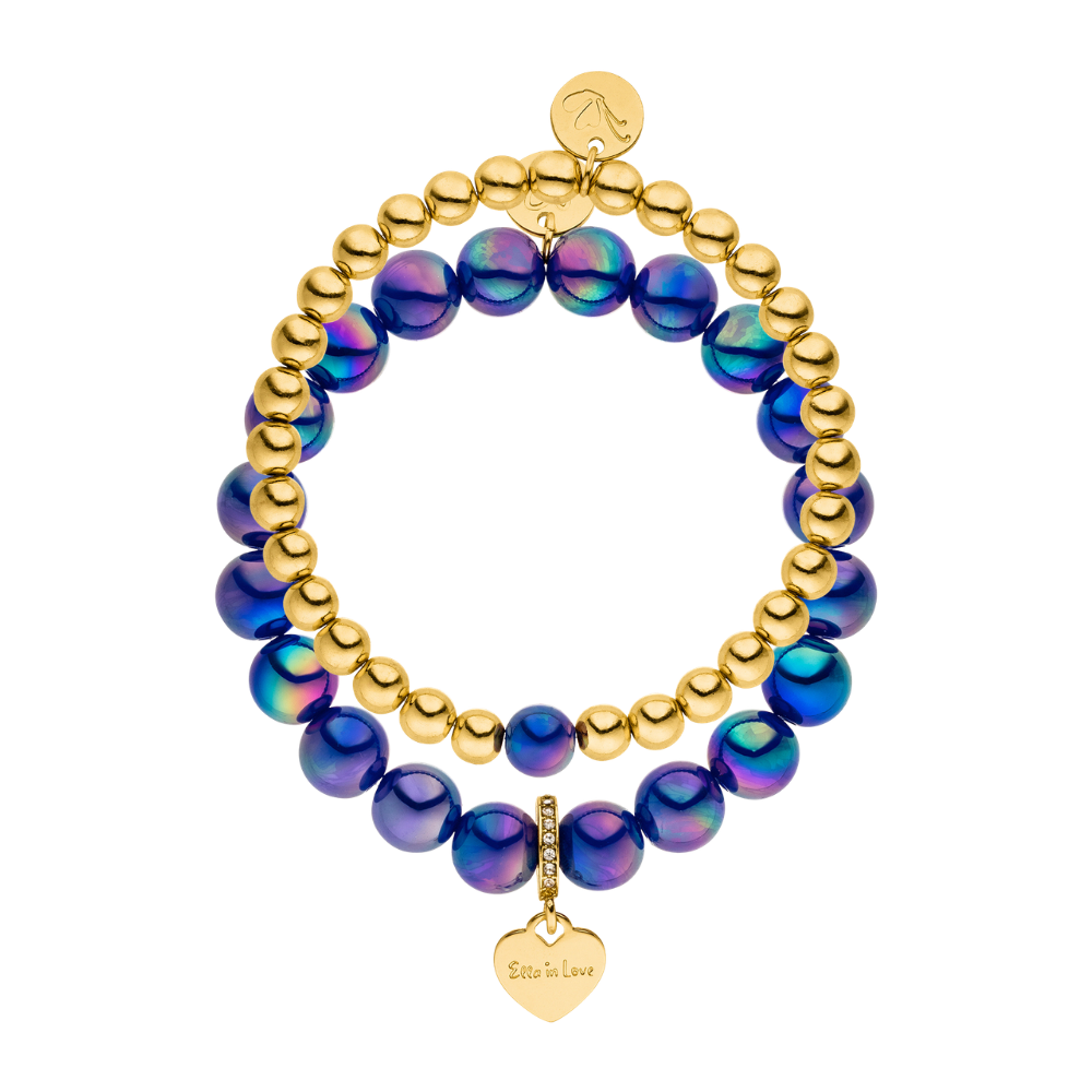Perlenarmband Set 14K Vergoldet Dunkelblau mit 3D Intensiv Glow Effekt