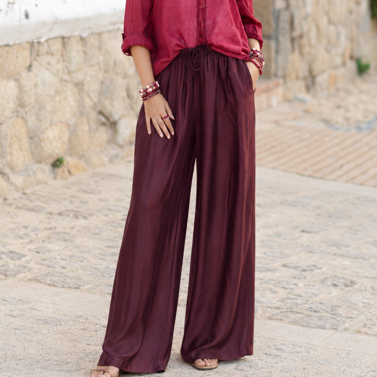 Damen-Seidenhose Weinrot – weit geschnitten, One Size