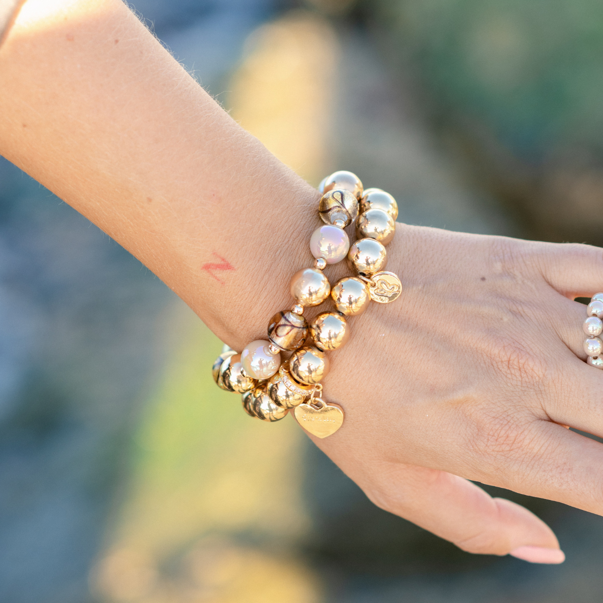 Perlenarmband-Set Marmor–Gold – Perlenmix & 14K vergoldet, 12 mm