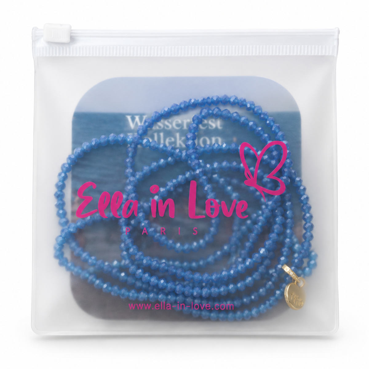 Perlenhalskette Azurblau Elastisch mit Herz-Charm Silber | Wasserfest