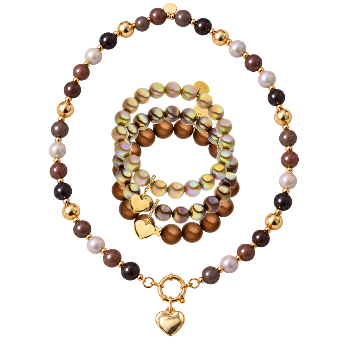 Deluxe-Schmuckset Braun mit Herzen – Trachtenliebe – 3 Armbänder & Halskette