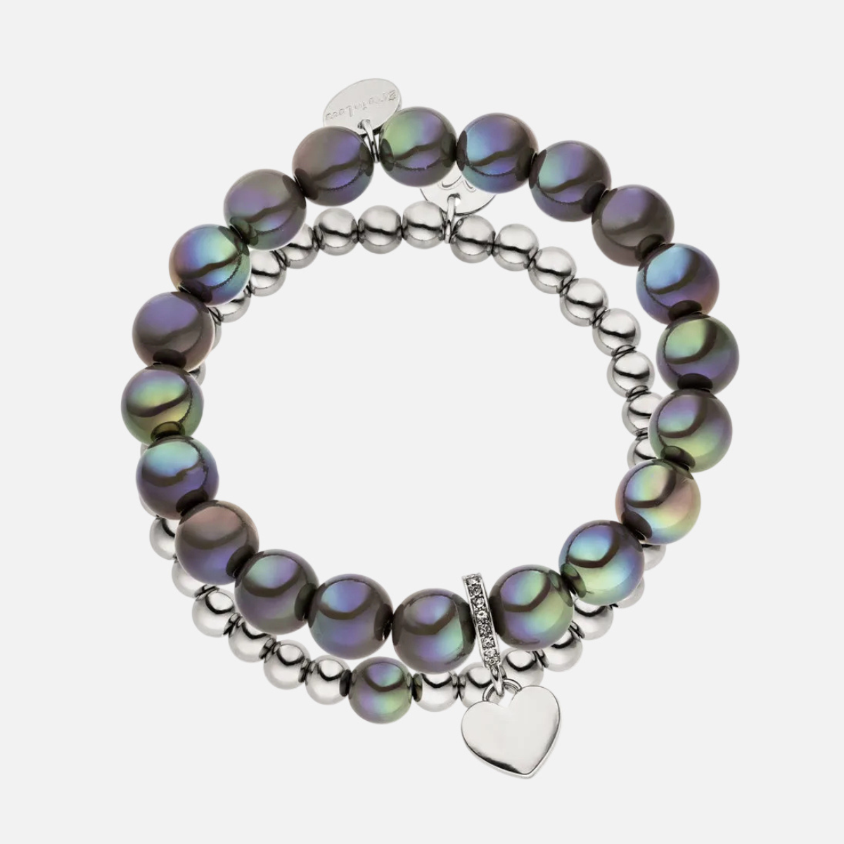 Perlenarmband Set mit Herzanhänger Dunkelgrau - 3D Intensiv Glow Effekt & Versilbert