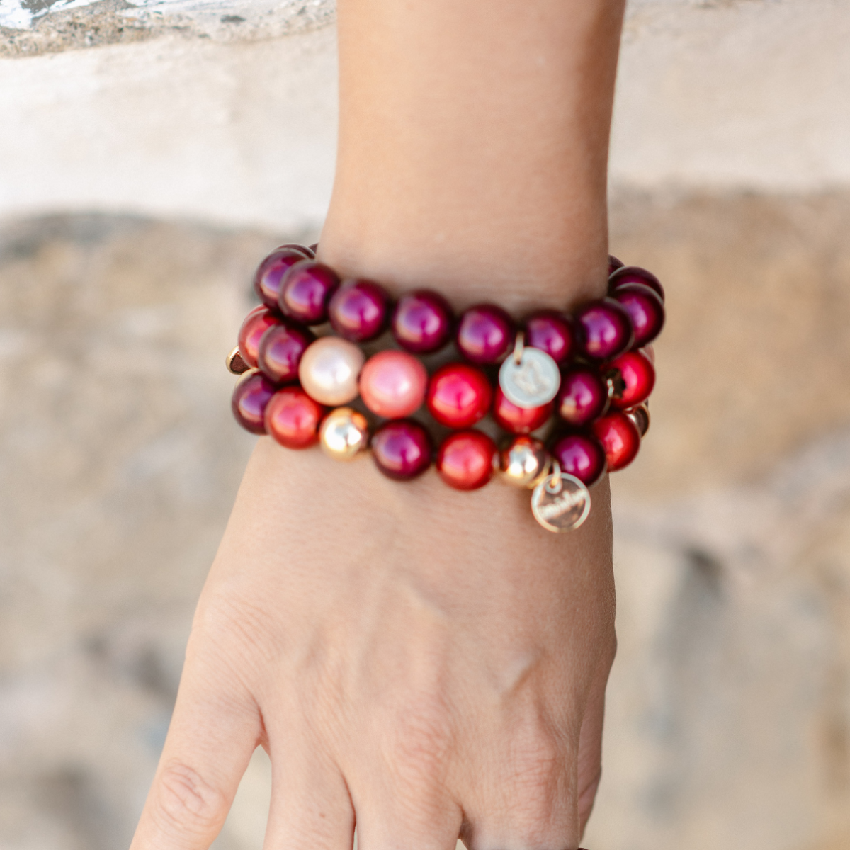 Perlenarmband-Set Weinrot, Multicolor & Rot–Gold – 3D Matt Glow 12 mm