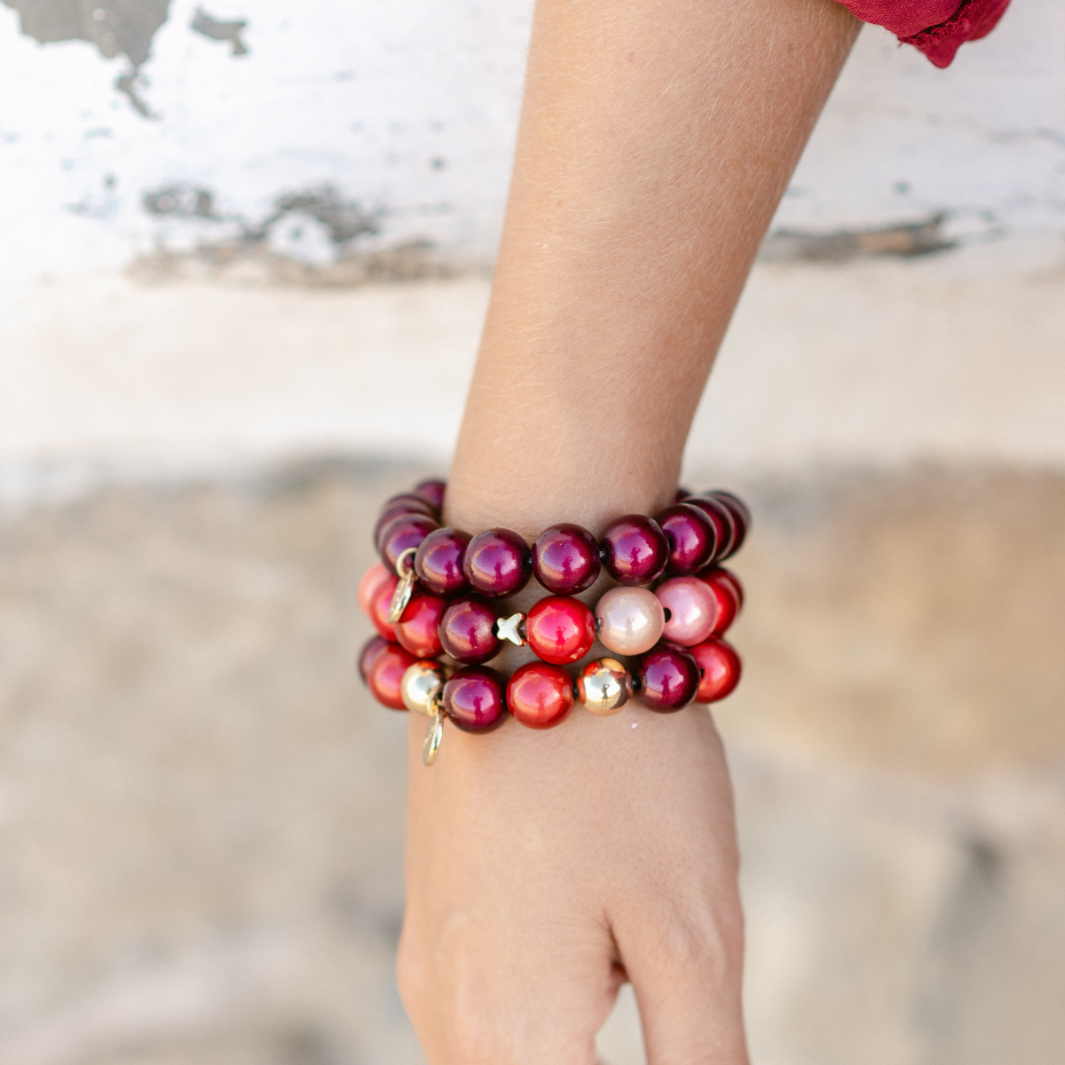 Perlenarmband-Set Weinrot, Multicolor & Rot–Gold – 3D Matt Glow 12 mm