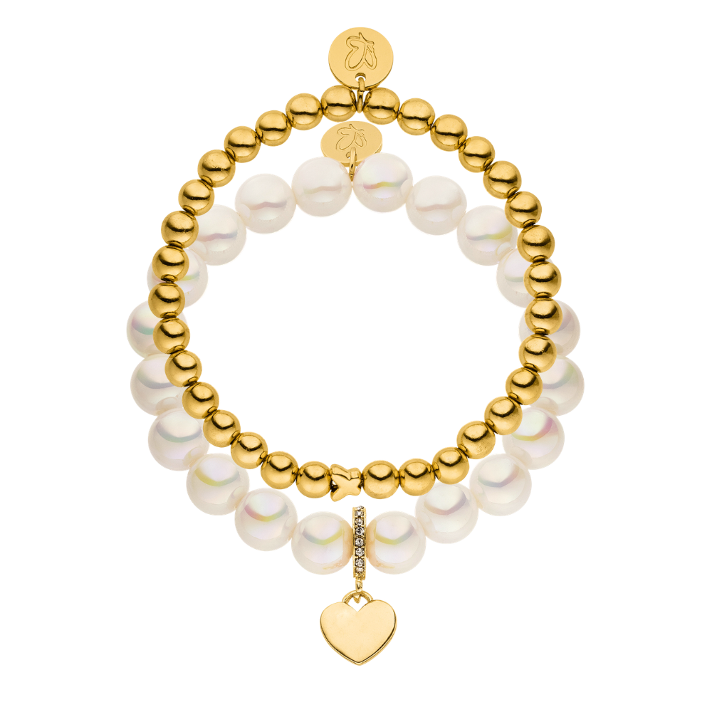 Perlenarmband Set 14K Vergoldet Weiß mit 3D Intensiv Glow Effekt