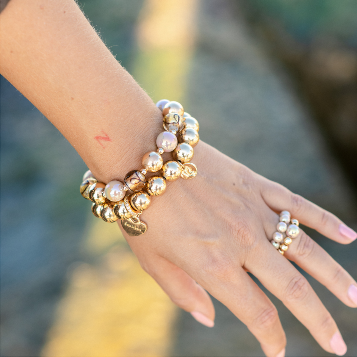 Perlenarmband-Set Marmor–Gold – Perlenmix & 14K vergoldet, 12 mm