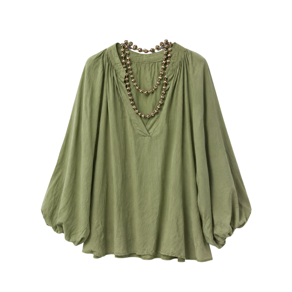 Damenbluse in Onesize Olivgrün – Baumwolle & Seide