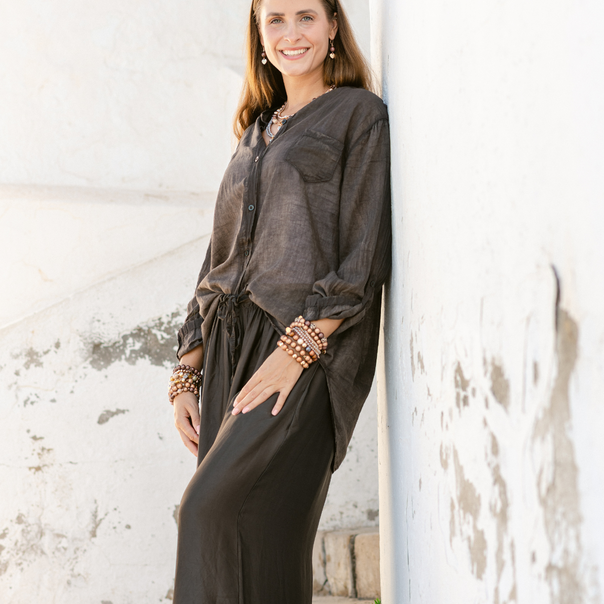 Damen-Seidenhose Schokobraun – weit geschnitten, One Size