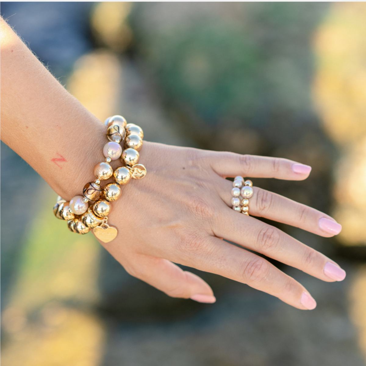 Perlenarmband-Set Marmor–Gold – Perlenmix & 14K vergoldet, 12 mm
