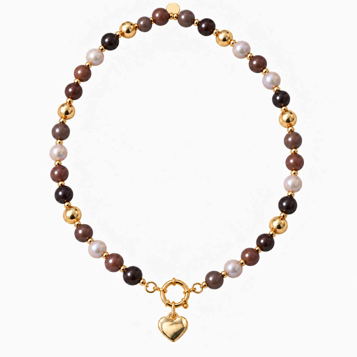 Perlenhalskette Braun–Gold mit Herz-Charm – Perlenmix 10 mm