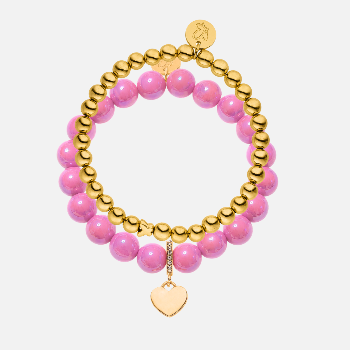 Perlenarmband-Set Vintage Rosa–Gold mit Herzanhänger – 3D Intensiv Glow 10 mm & 14K vergoldet 6 mm