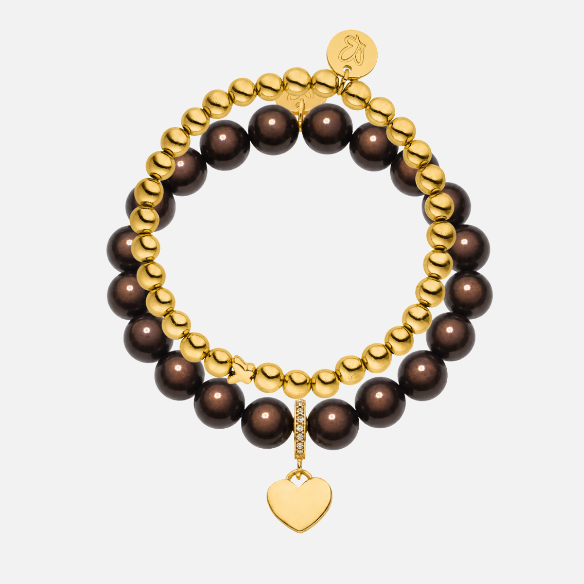 Perlenarmband-Set Dunkles Schokoladenbraun–Gold mit Herzanhänger – 3D Matt Glow 10 mm & 14K vergoldet 6 mm