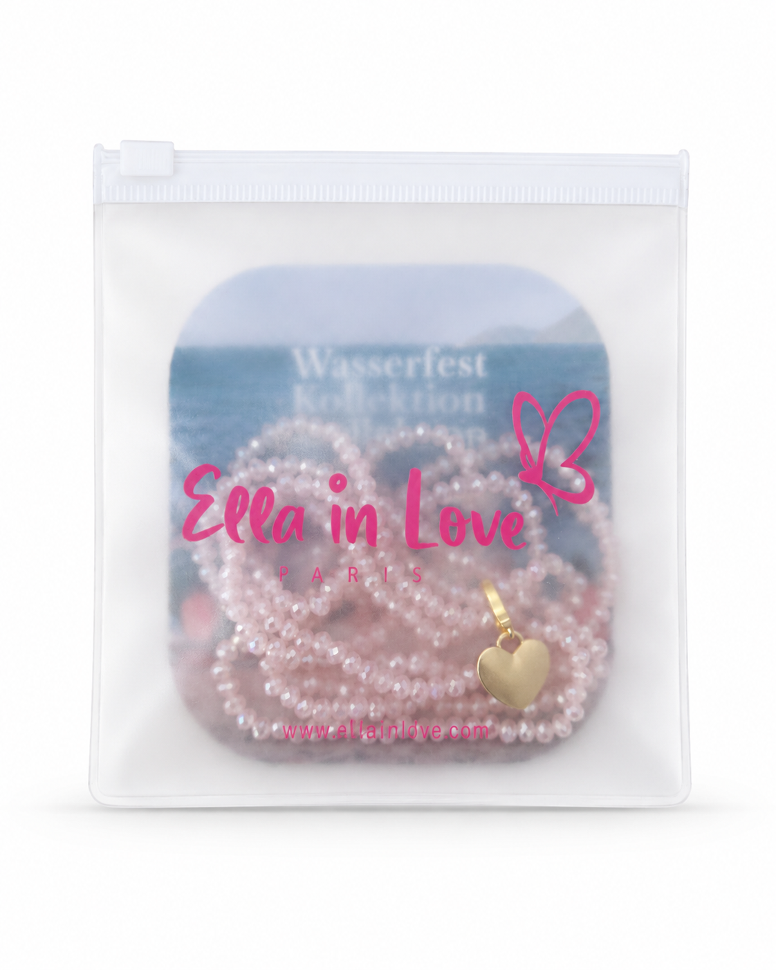 Perlenhalskette Rosa Elastisch mit Herz-Charm Gold | Wasserfest