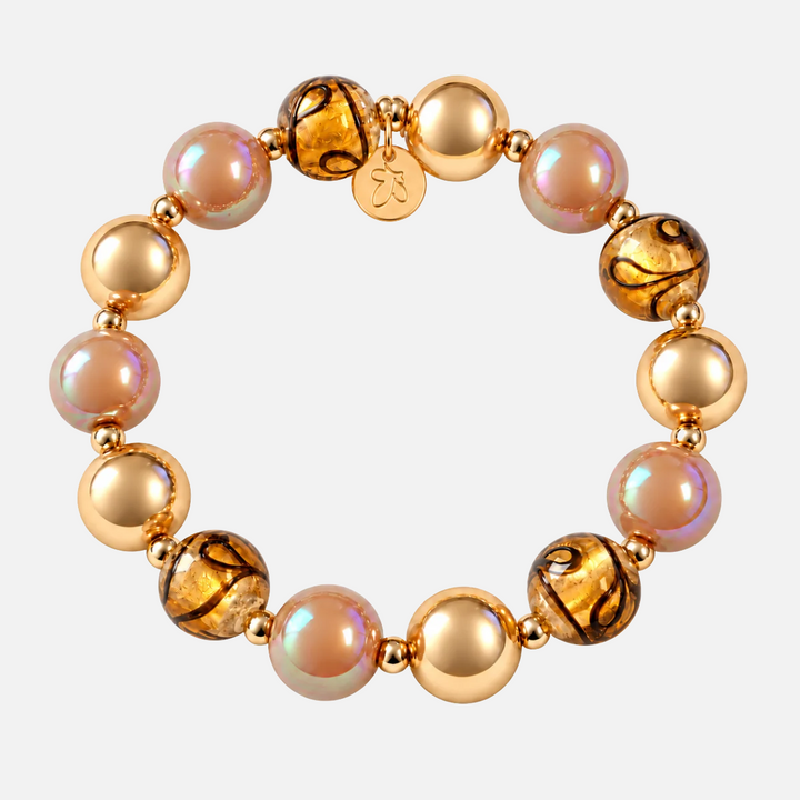 Perlenarmband Deluxe Gold & Hellbraun mit Marmor-Glasperlen – Perlenmix 12mm