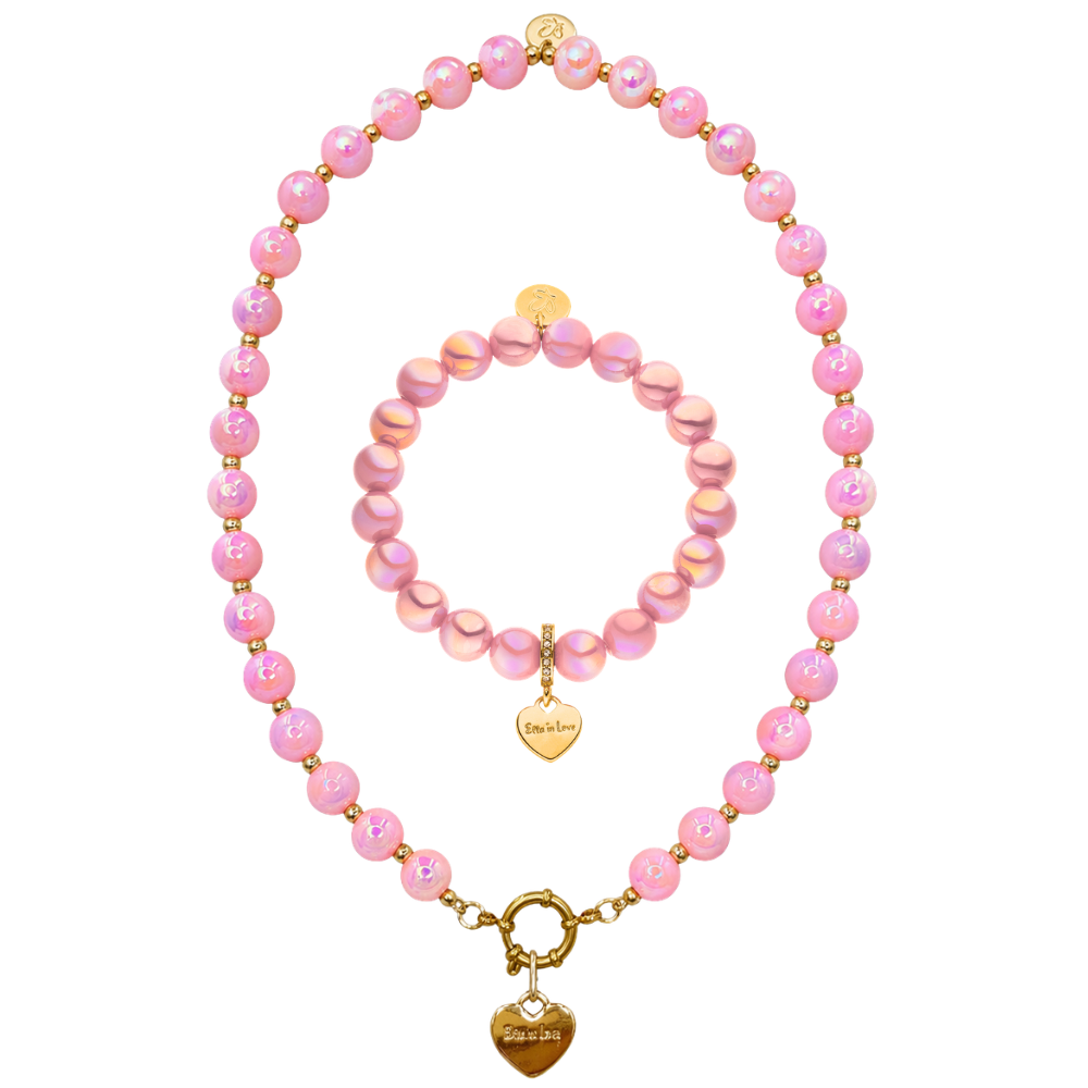 Rosa Muttertags Schmuckset mit Halskette & Perlenarmband – Intensiv Glow Classic