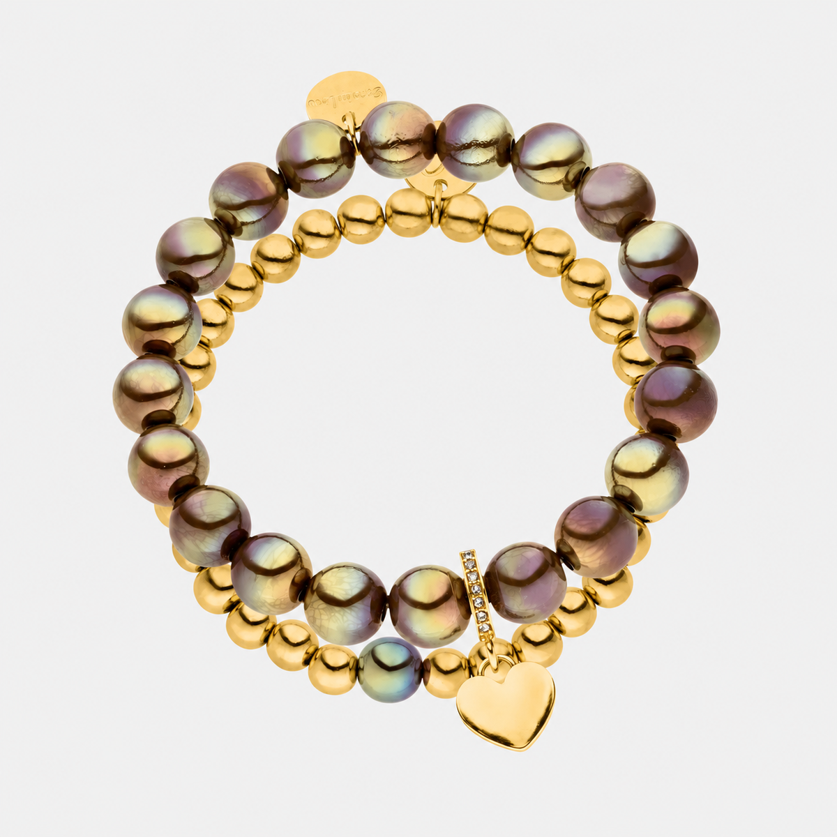 Perlenarmband Set mit Herzanhänger Dunkelbraun- 3D Intensiv Glow Effekt & 14K Vergoldet – grauer Hintergrund