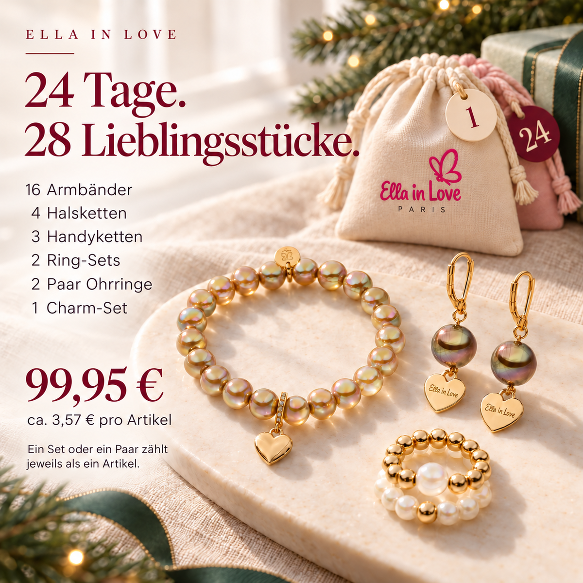 Adventskalender Deluxe: 16 Armbänder, 4 Halsketten, 3 Handyketten, 2 Ring-Sets, 2 Paar Ohrringe und 1 Charm-Set – 28 Artikel für 99,95 €.