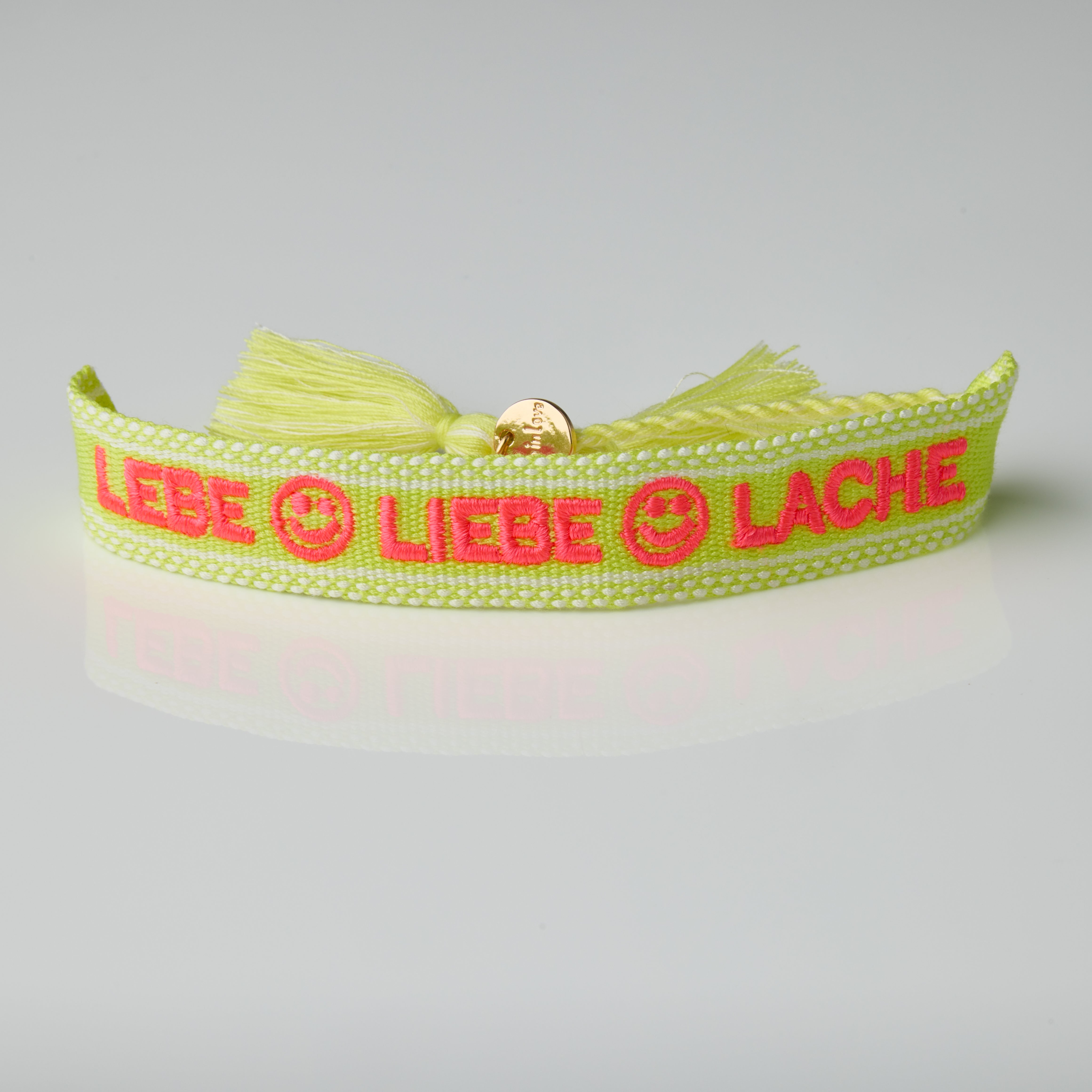 "Lebe, Liebe, Lache" Stoffarmband Neon Pink
